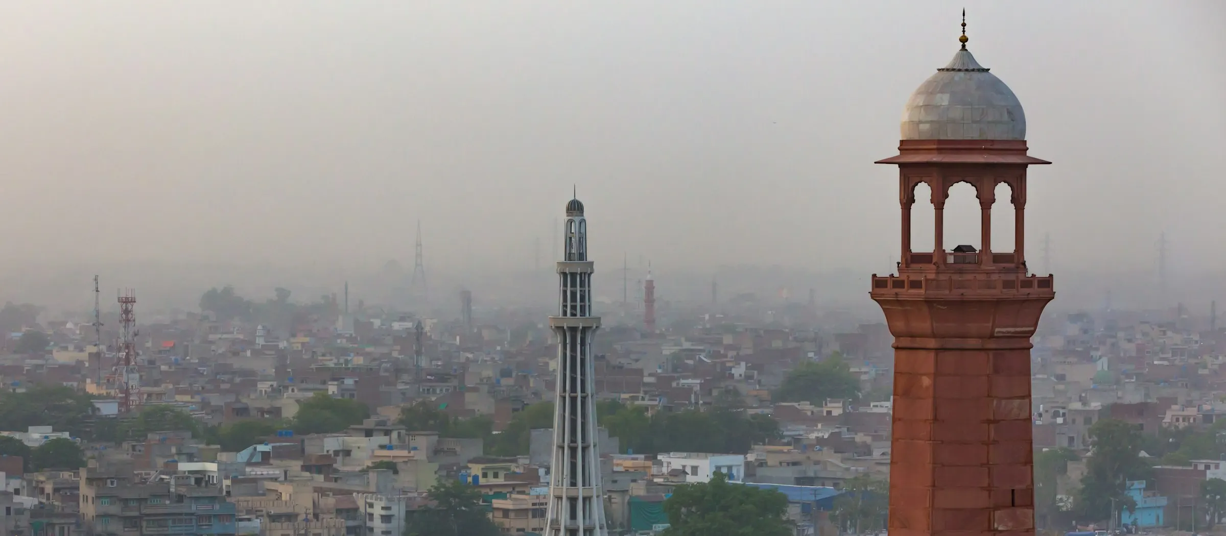 Minar-e-Pakistan and the Lahore skyline seen from Badshahi Mosque