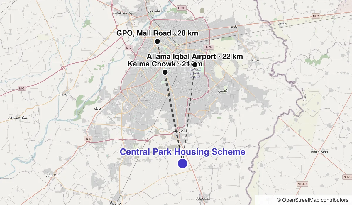 Map of Central Park Housing Scheme showing straight-line distances to Kalma Chowk, Allama Iqbal Airport, GPO, Mall Road