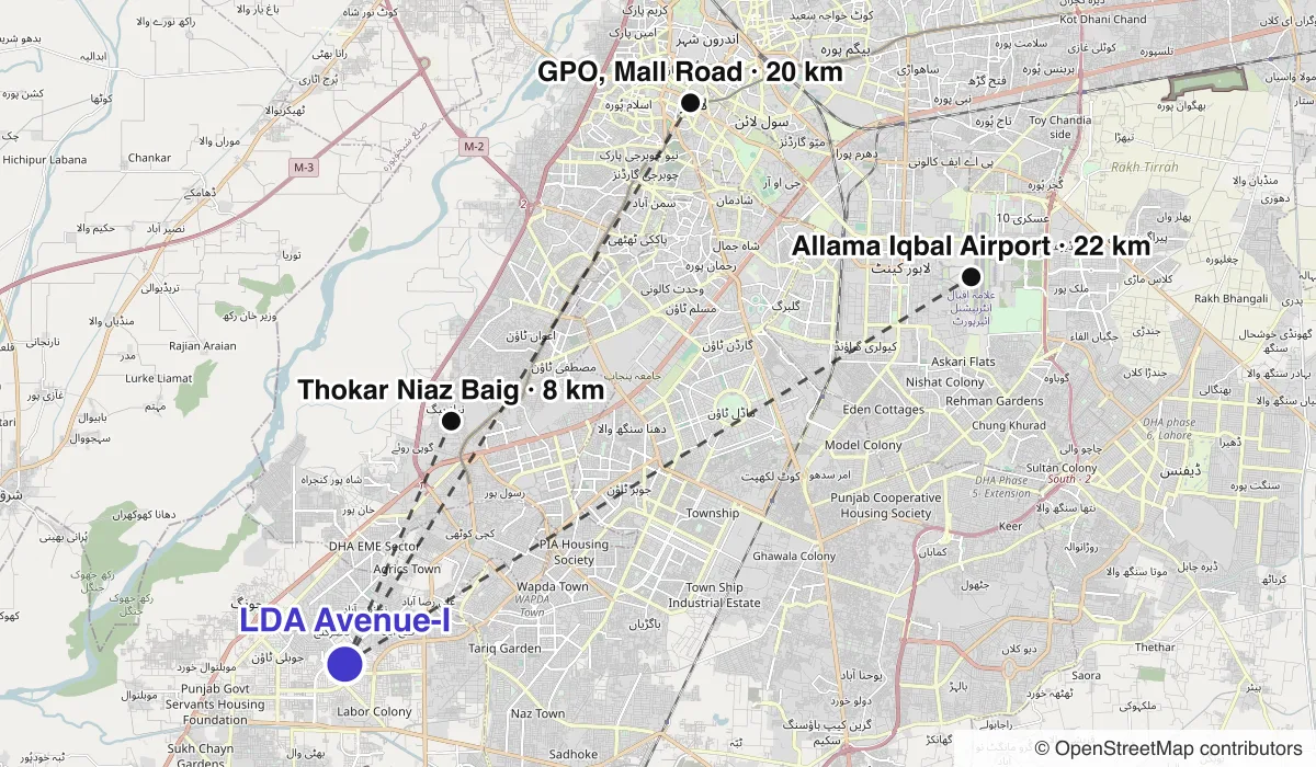 Map of LDA Avenue-I showing straight-line distances to Thokar Niaz Baig, Allama Iqbal Airport, GPO, Mall Road