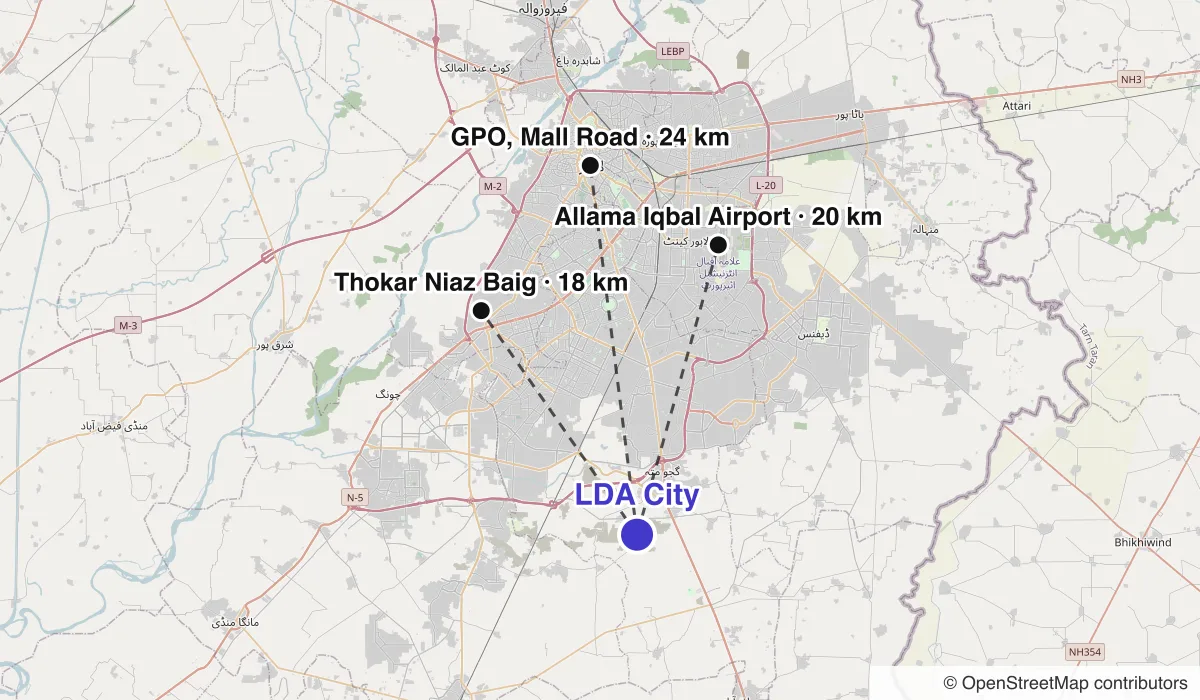 Map of LDA City showing straight-line distances to Thokar Niaz Baig, Allama Iqbal Airport, GPO, Mall Road