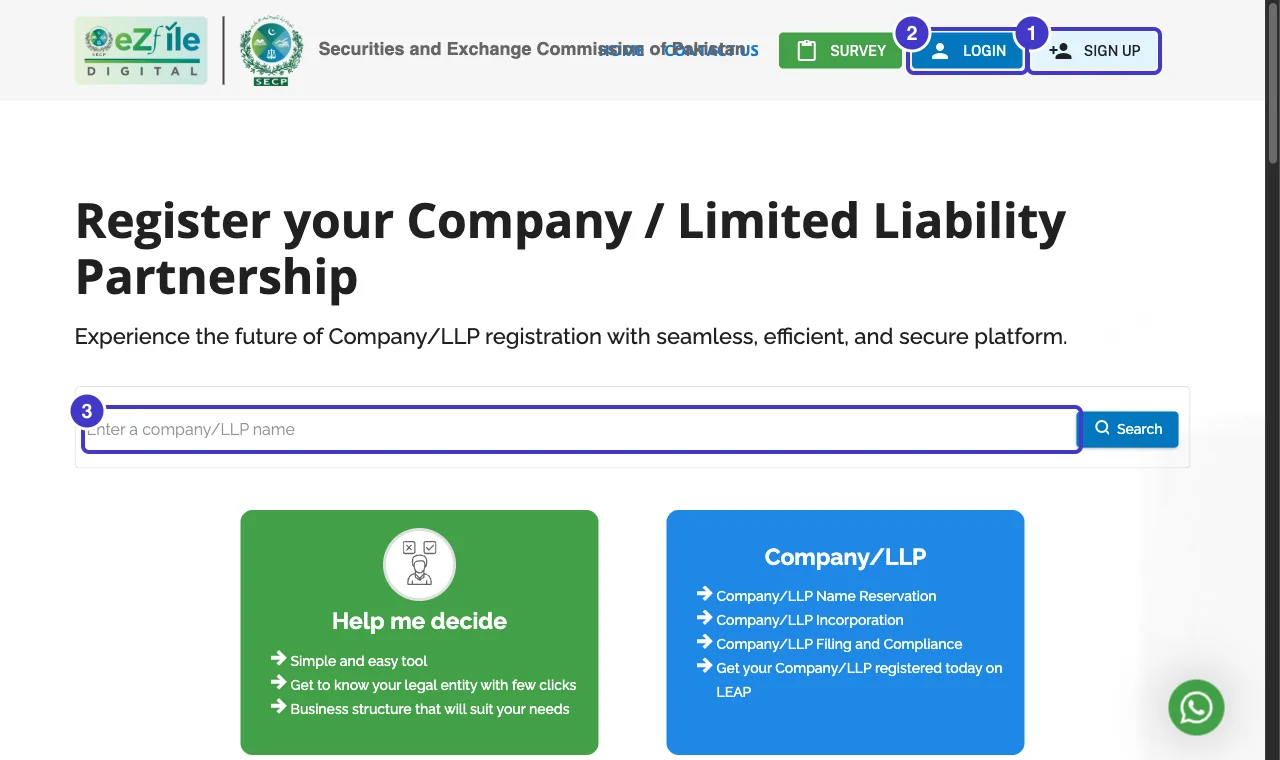 SECP's eZfile (LEAP) home page with the Sign up, Login and company registration options marked